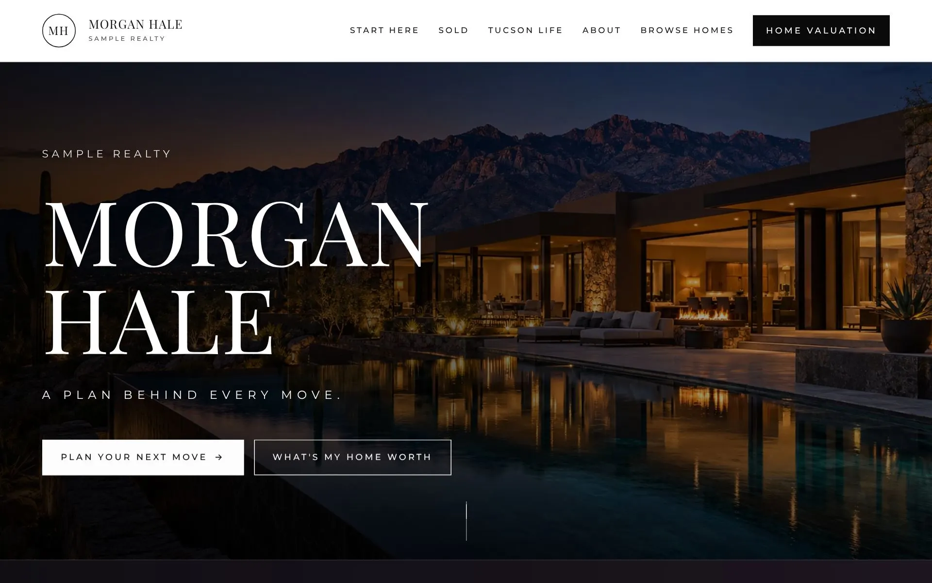 A site built by The Agent They Call: the agent's name, a dark luxury design and a button to plan your next move