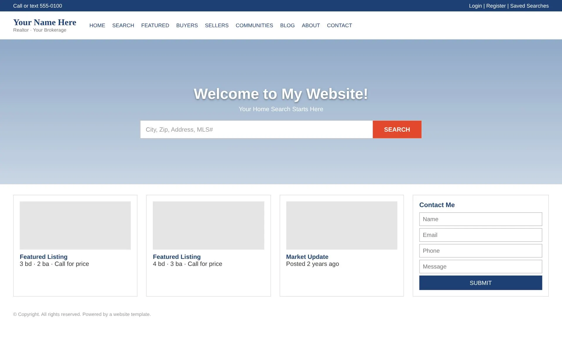 A typical agent website: a search bar, featured listings and a contact form