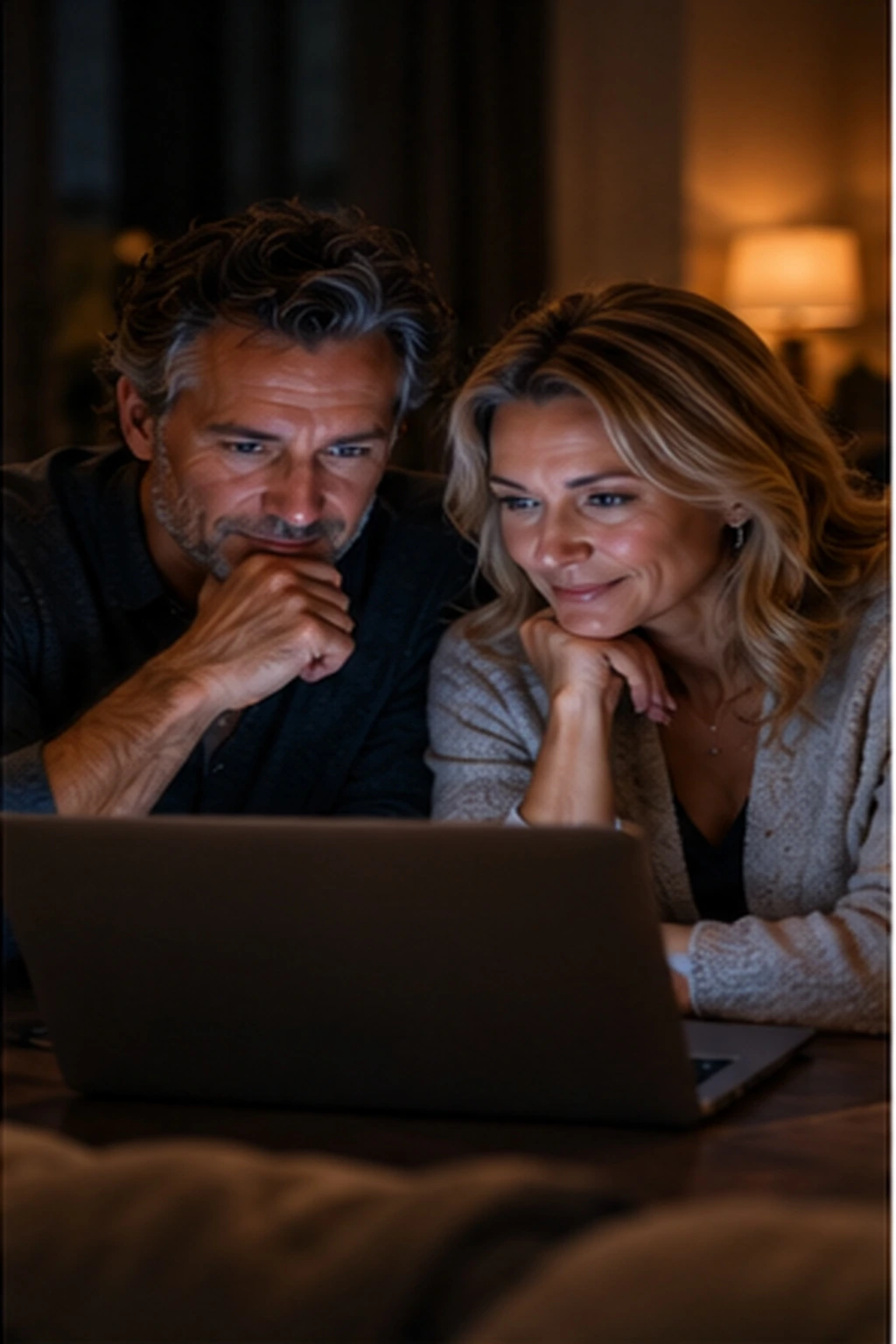 A couple at night looking at a laptop, deciding which agent to call