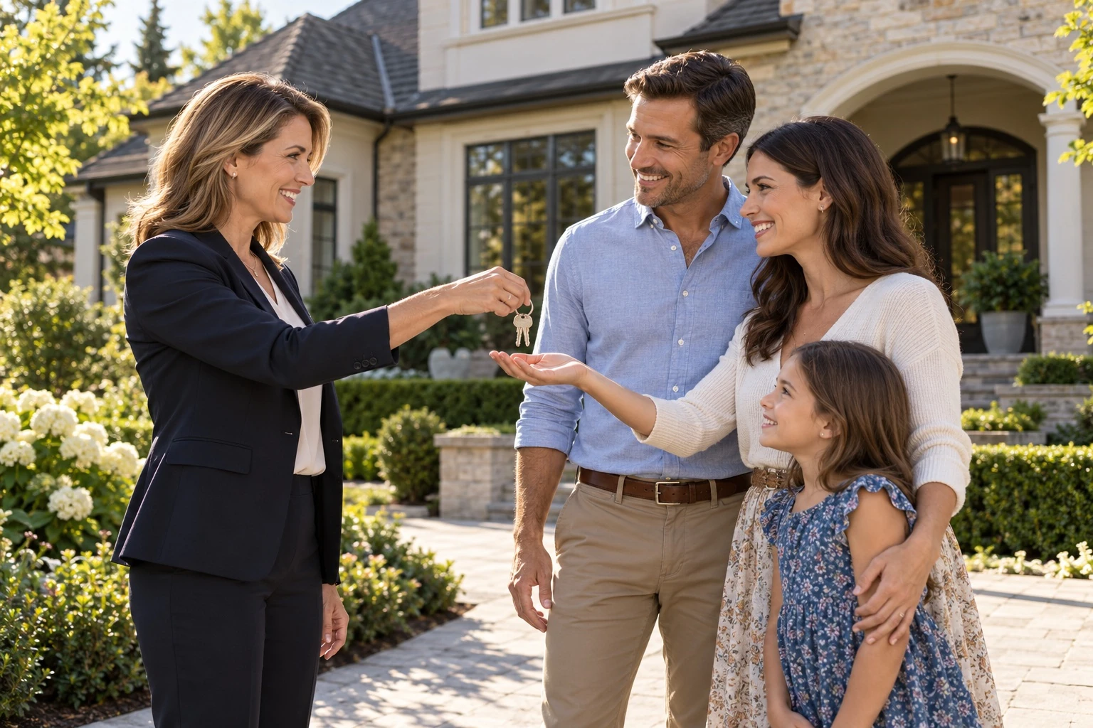 An agent handing keys to a family in front of their new home