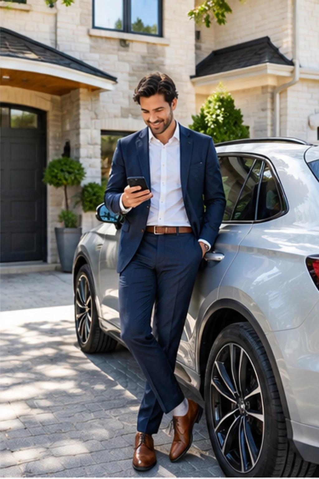 An agent in a sunny driveway checking his phone