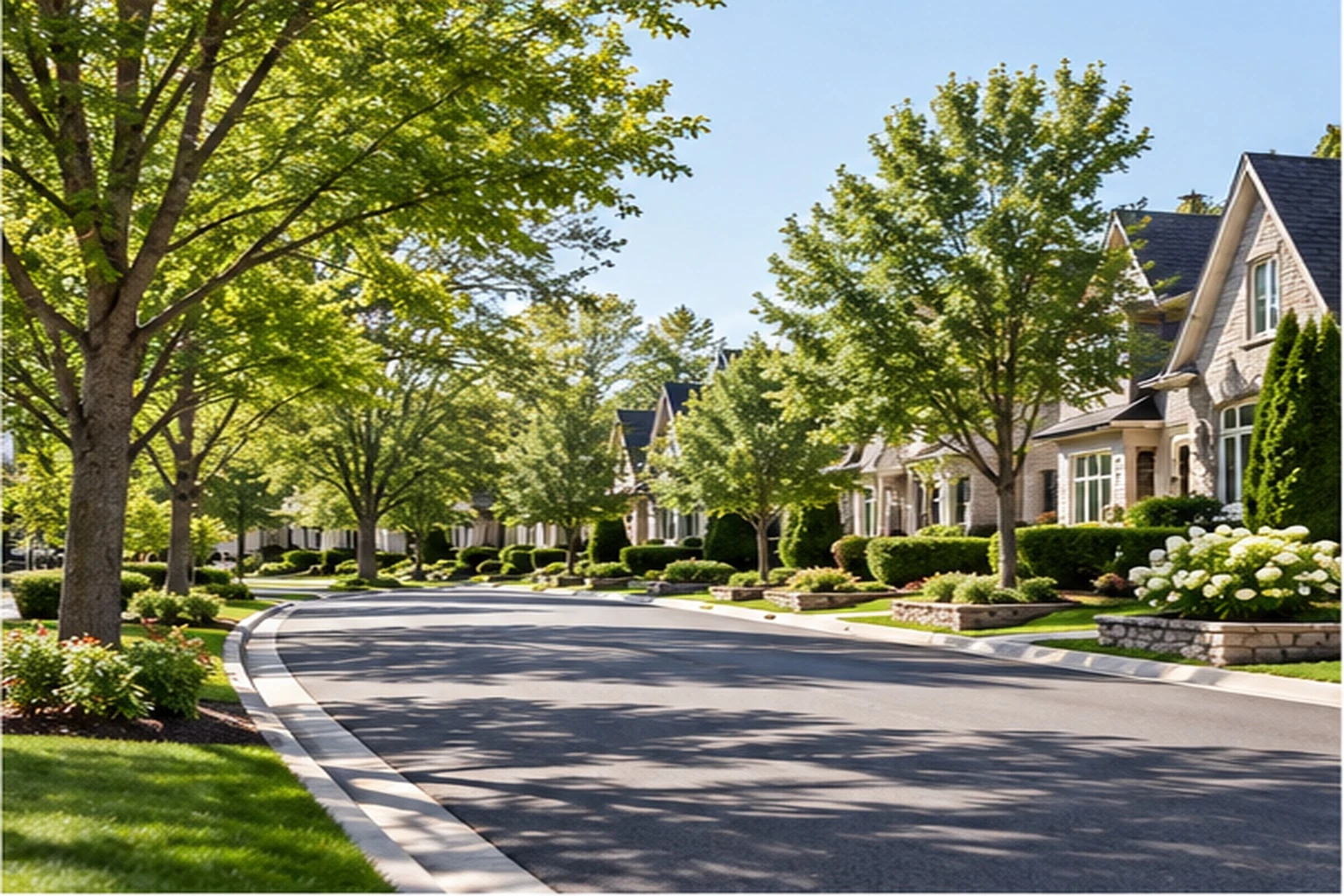 A quiet, tree-lined street of beautiful homes